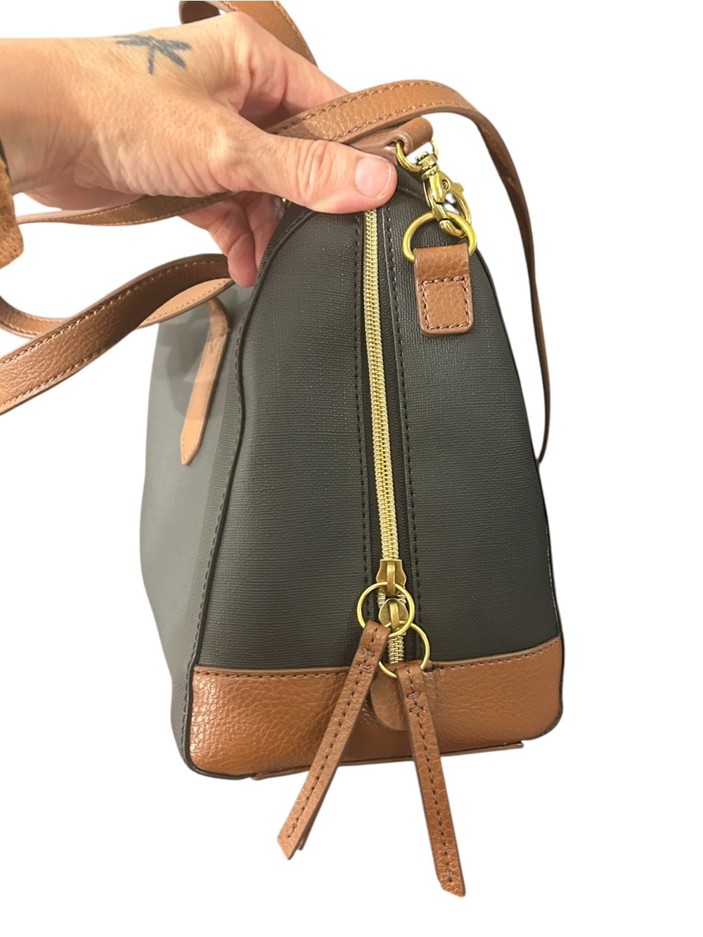 Fossil Black & Brown Leather Satchel Crossbody Bag Zip Top Dual Handle Purse - Picture 3 of 6